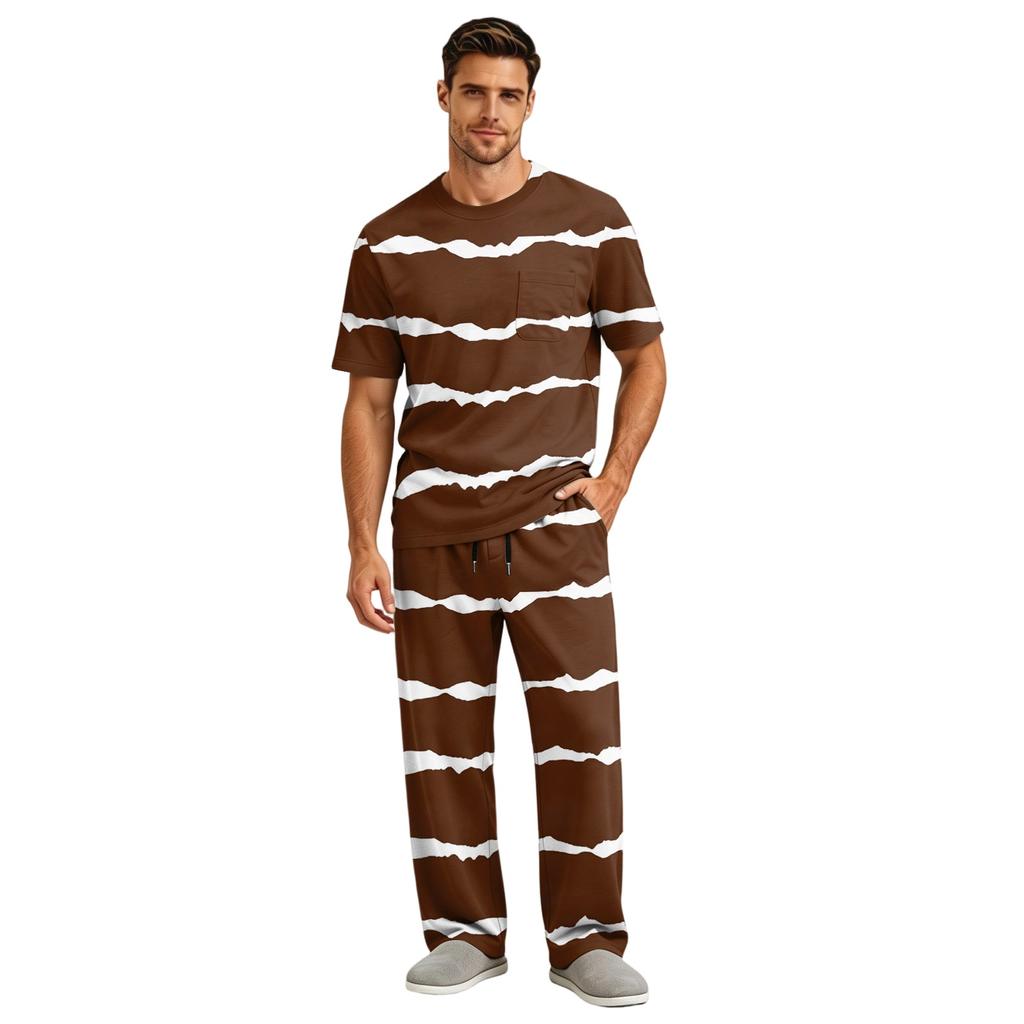 Men's Short Sleeve Pajama Set with Long Pants, Button Crotch, Elastic Waist Drawstring - Comfortable Sleepwear