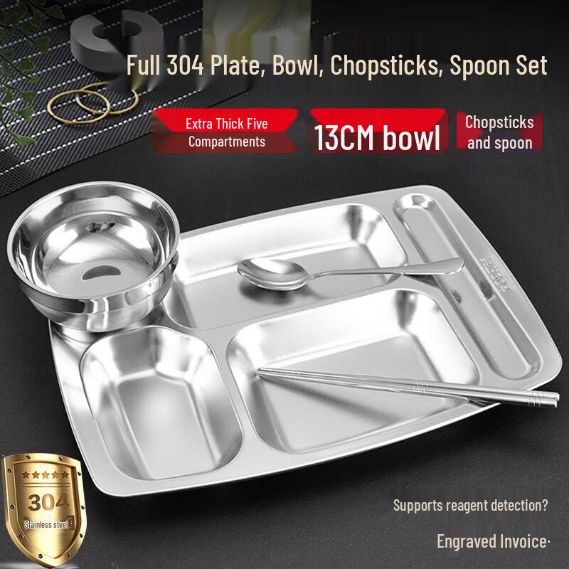 Zhishe 304 Stainless Steel 5-Compartment Meal Tray Set
