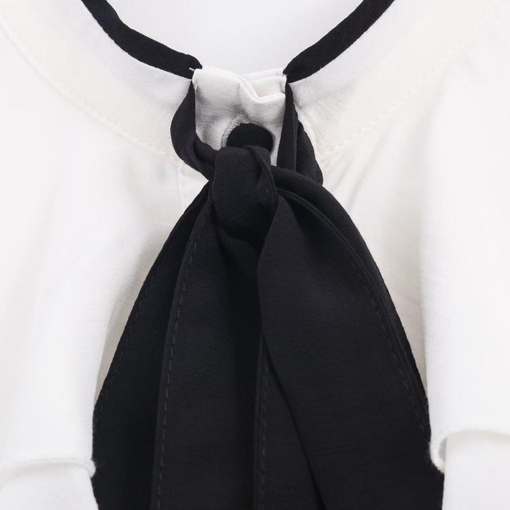 European & American Style Color Block Bow Long Sleeve Shirt