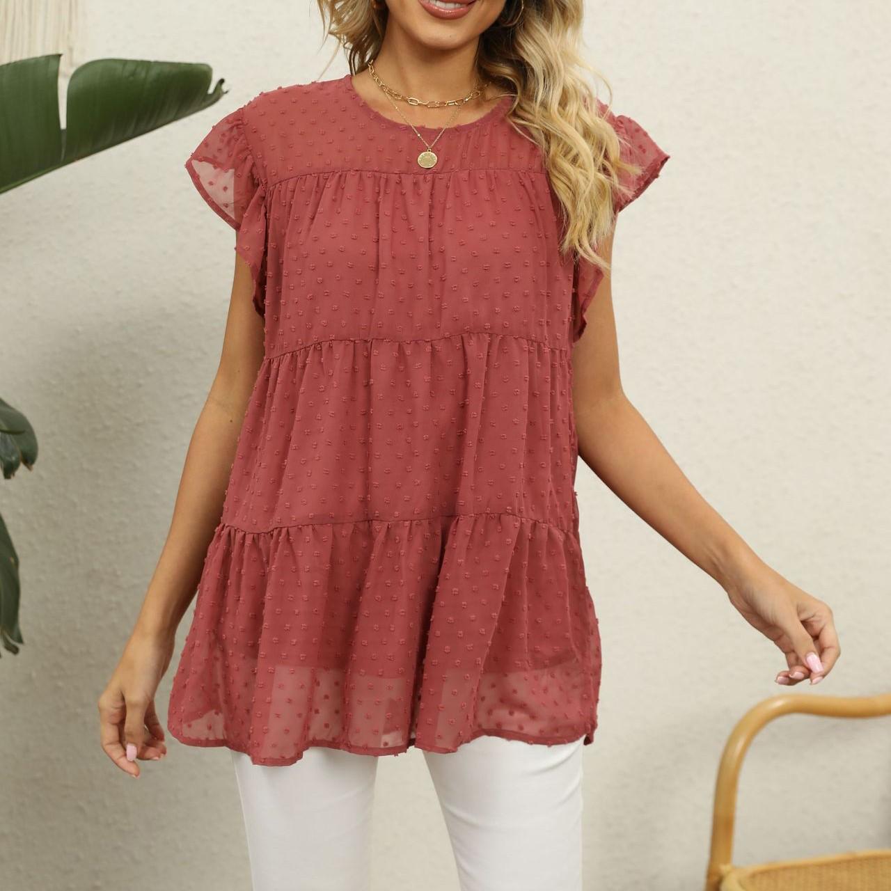 

Женская мода свободный круглый вырез сращивание однотонный короткий рукав повседневный топ M арбуз красный