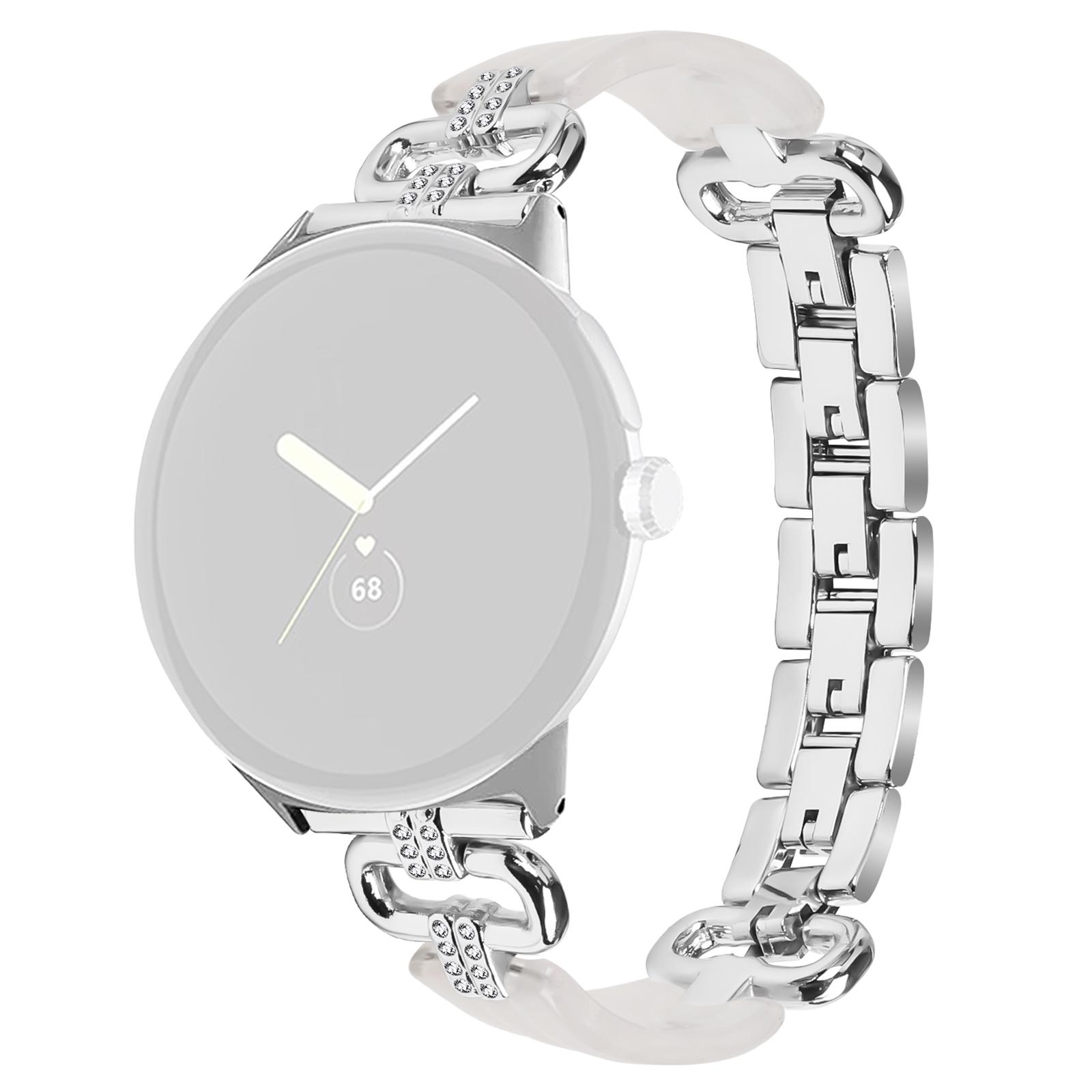 

For Google Pixel Watch 3 41mm/Watch 2/Pixel Watch Bracelet Strap Resin+Rhinestone Watch Band Silver