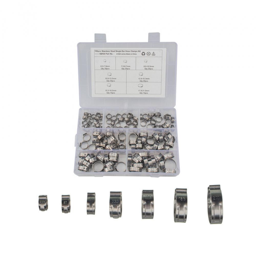 130 x 6.0-21.0mm Single Ear Stainless Steel Car Hydraulic Hose Clamps O-Clips Pipe Fuel Air Pipe Clamp with Pliers Tool