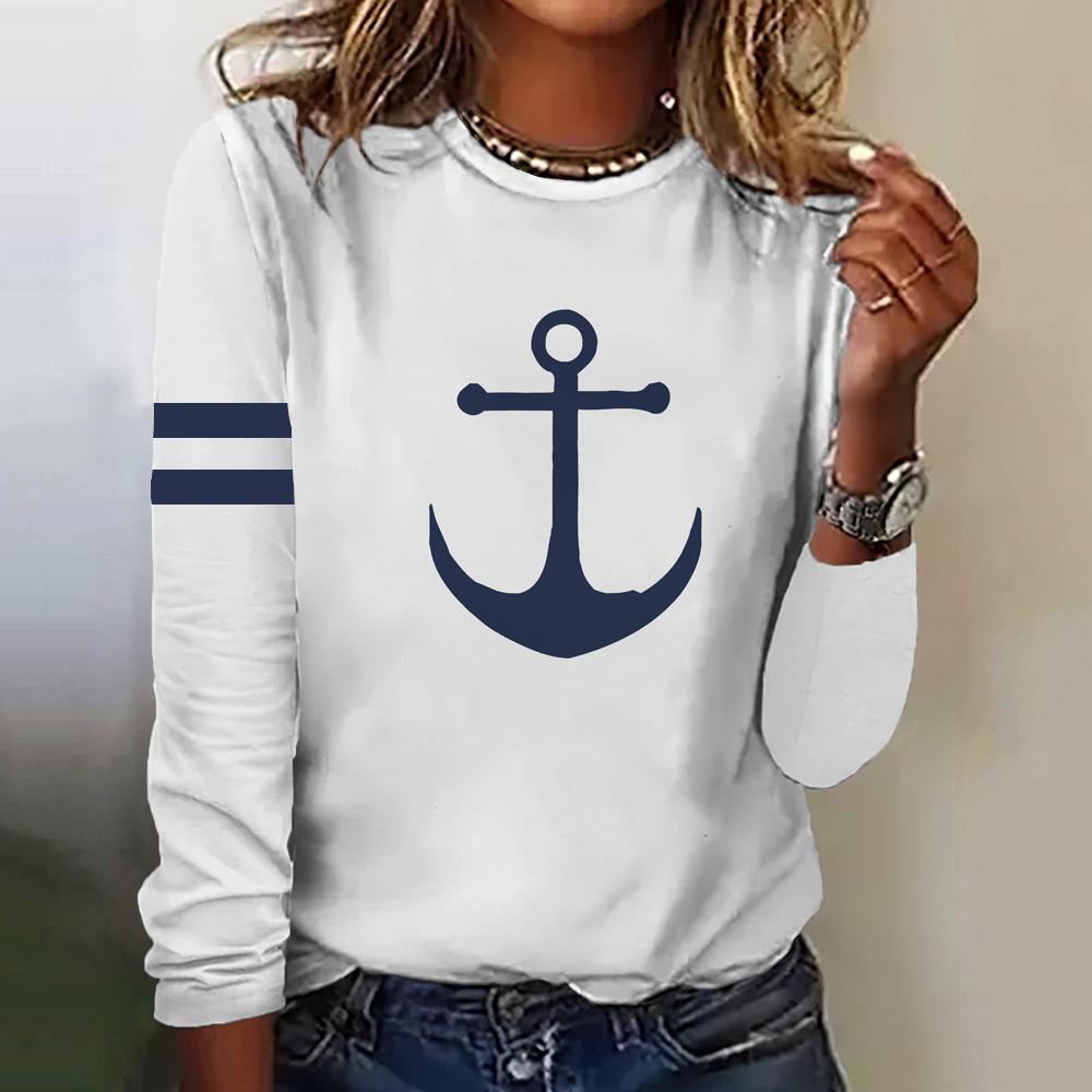 Herbst Frauen T Shirt Langarm Tops Anker Grafik Weibliche Kleidung Alltägliche Streetwear Oansatz Pullover Für frauen Tees 2023