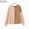 ZANZEA Women Casual Round Neck Long Sleeve Colorblock Knitted T-Shirts