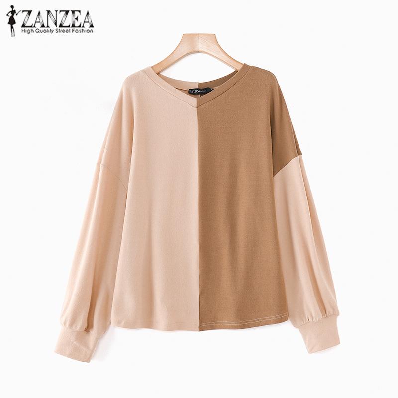 ZANZEA Women Casual Round Neck Long Sleeve Colorblock Knitted T-Shirts