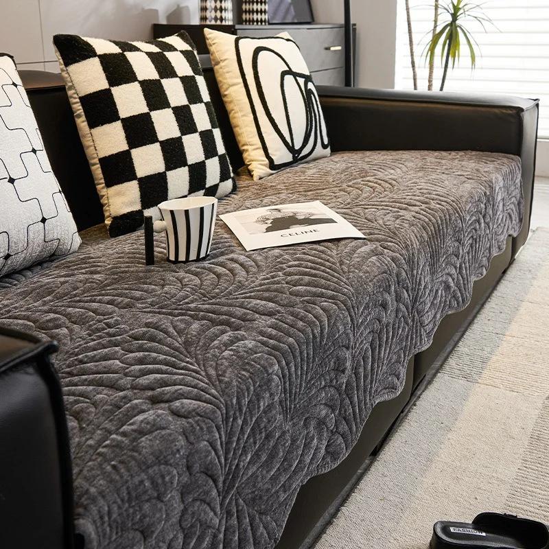 Chenille Universal Sofa Cover Leaves Jacquard Solid Color Sofa Cushion Living Room Light Luxury Lounge Couch Protector Covers