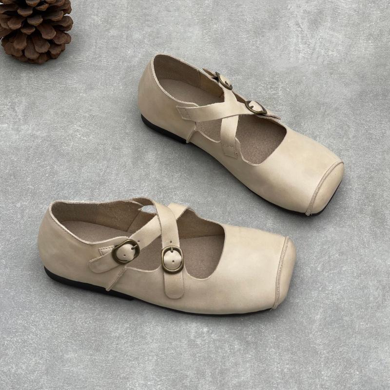 Johnature Handmade Cross Buckle Genuine Leather Soft Soled Flats Square Toe Soft Cowhide Women's Shoes