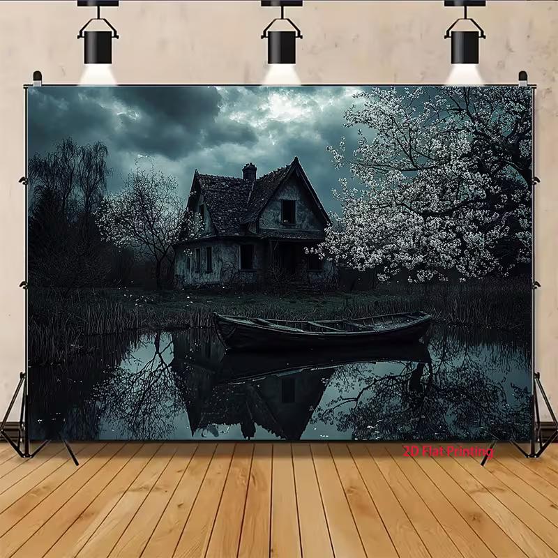 2D Spooky Old Cottage with Boat Photo Booth Backdrop Cloth for Horror Theme