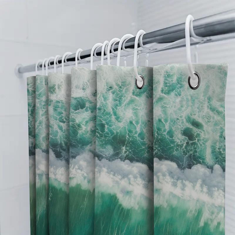 Grüner Wellenmuster Duschvorhang Wasserdicht Badezimmerdeko Wasserfall Gedruckter Stoff Badewanneneinlage Für Heimdekoration