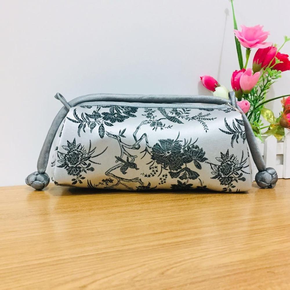 Fashion Silk Embroidered Women Handbag Zipper Chinese Style Design Clutch Bag Knot Retro Cosmetic Bag Gifts