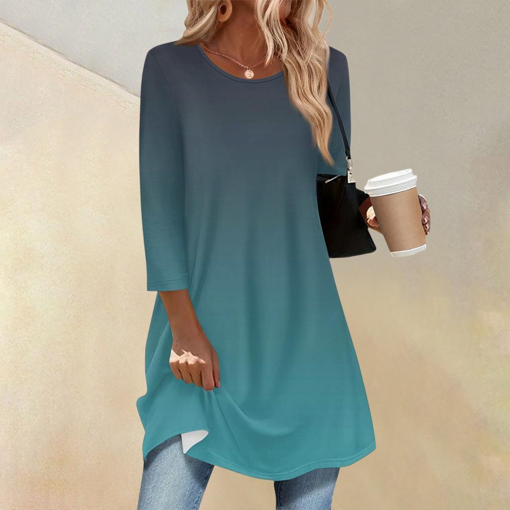 Women's Fashion Casual Three-quarter Sleeve Long Gradient Round Neck Top