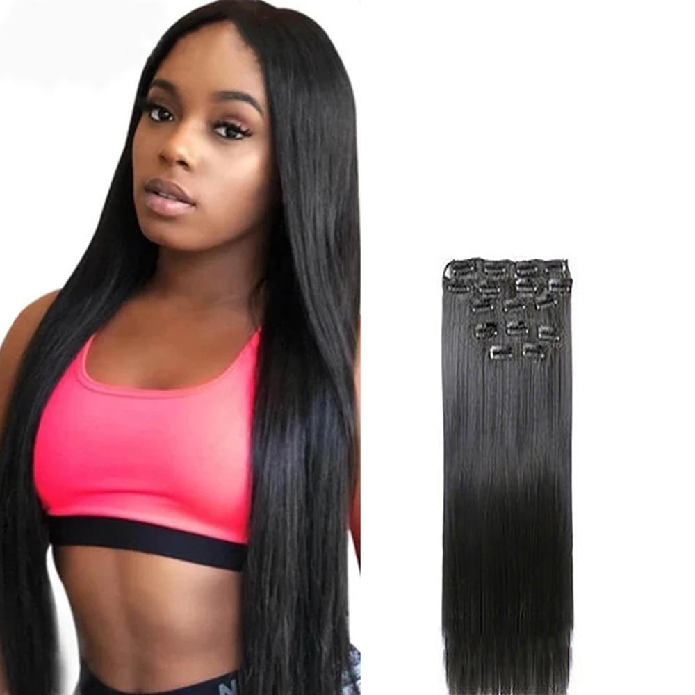 

New 22 56cm Straight Hair Natural Hairpiece Synthetic Clip In Hair Extentions Black