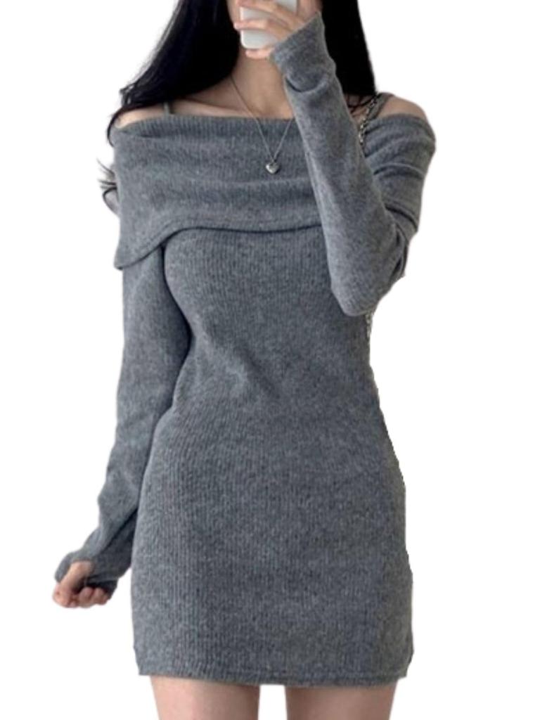 Coco Yuka Knit Tight Mini Sexy Tunic Dress with Long with Shoulder Straps Size & Off-the-Shoulder Dress, Sleeves, Off-the-Shoulder, Cute, Women's,