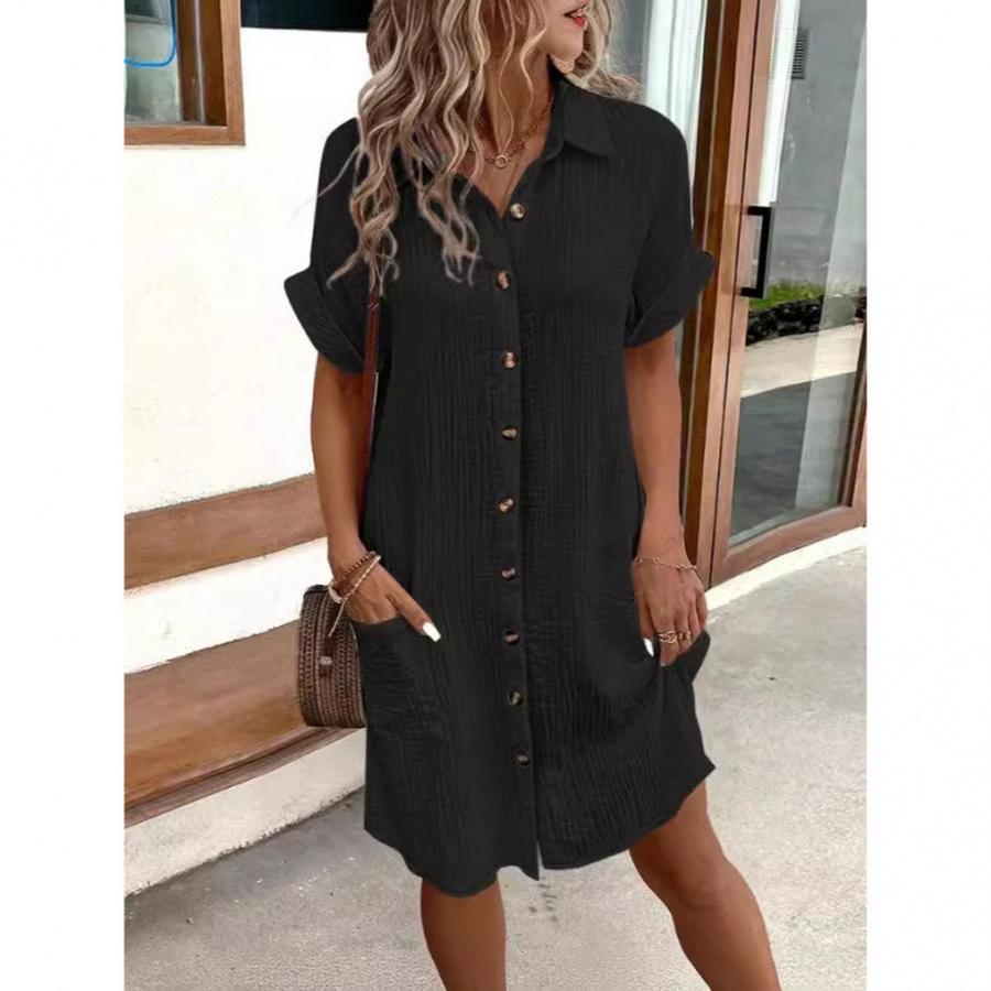 Casual Solid One-Button Mid-Length Loose Short Sleeve Dress for Women