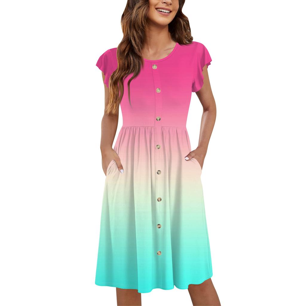 Women's Round Neck Summer Fly Sleeve Casual Printed Loose Button Pocket Midi Dresses