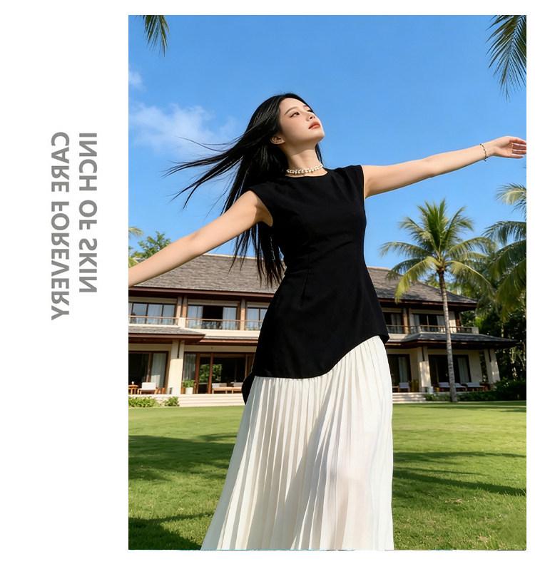 Korean Casual Sleeveless Color Block Mesh Maxi Dress - Women's Summer Slimming Style