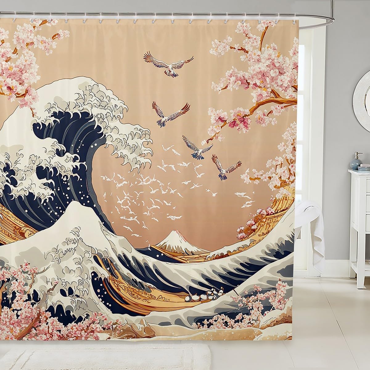 

Japanese Style Shower Curtain For Bathroom Decor Boys Girls Fuji Mountain Printed Bath Curtain Japanese Ukiyoe Theme Bathroom W60H190(CM)-1 Pcs