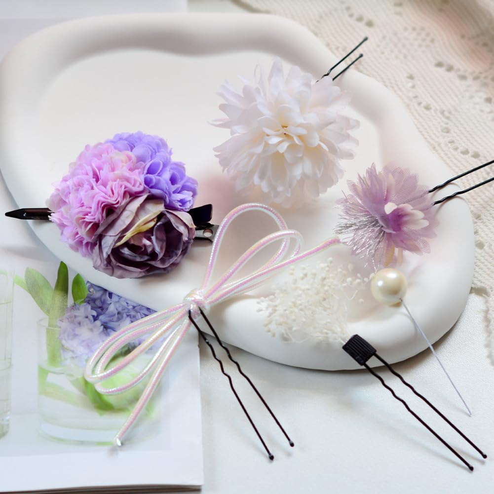 FASELE Hair Accessories Set of 6: Artificial Flowers, Hairpins, U-pins, Ping Pong Chrysanthemums, Baby's Breath, Bow Knots, for Coming-of-Age