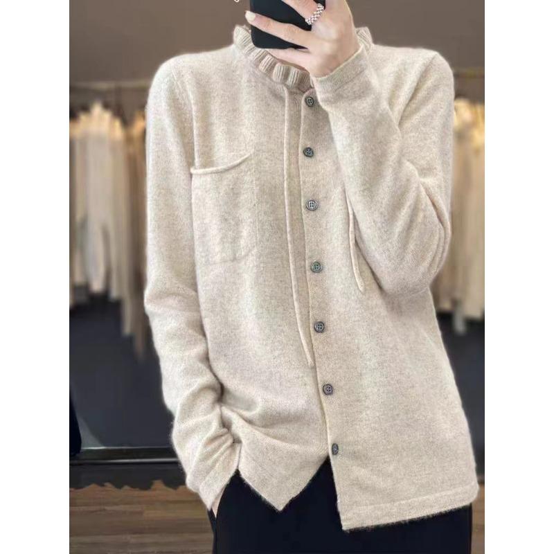 

Осень и зима новый кардиган вязаный свитер с круглым вырезом и фестончатым краем женский мягкий восковой модный повседневный универсальный и тонкий топ абрикосовый