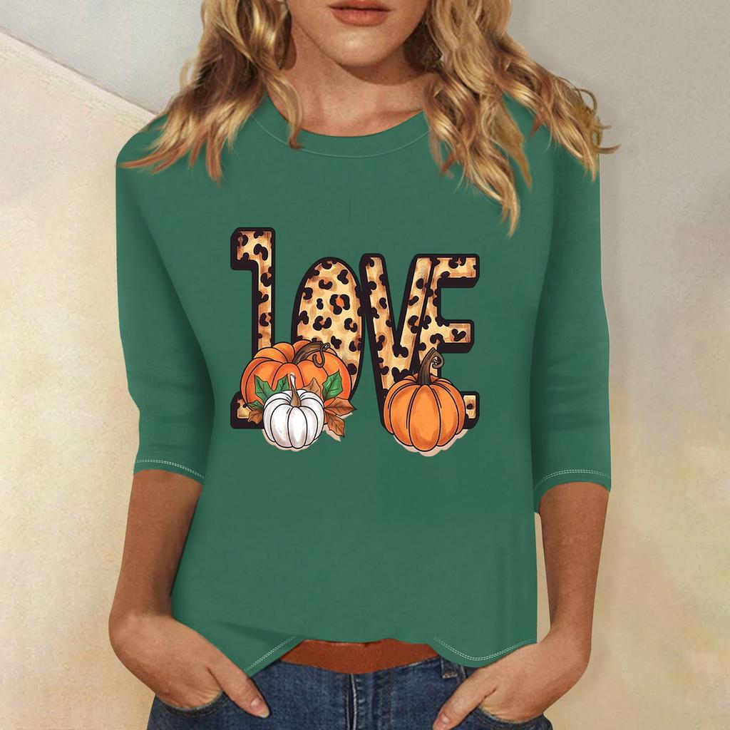 Dámské módní ležérní top s tříčtvrtečním rukávem a halloweenským potiskem, kulatý výstřih