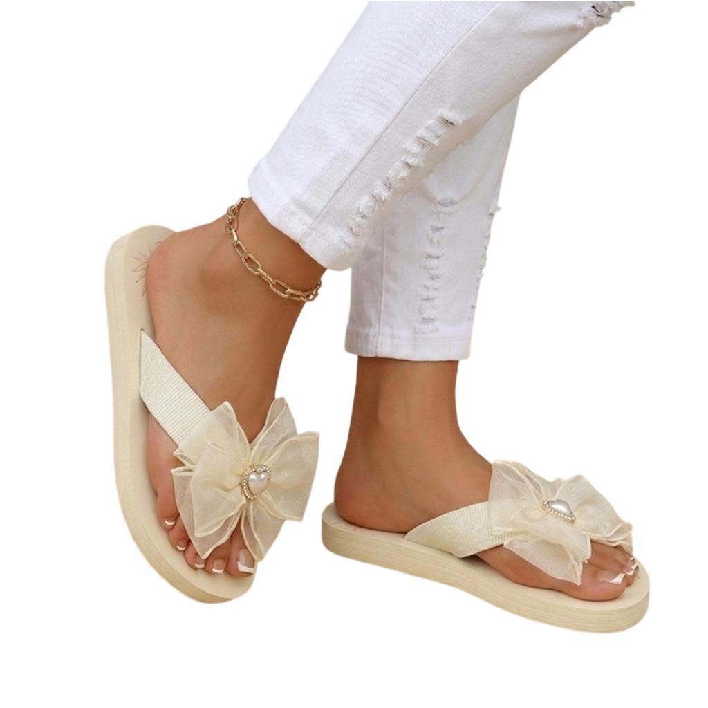 Women’s Summer Bowknot Toe Post Slide Sandals with Soft Sole and Decorative Flower Detail for Casual Outdoor Wear