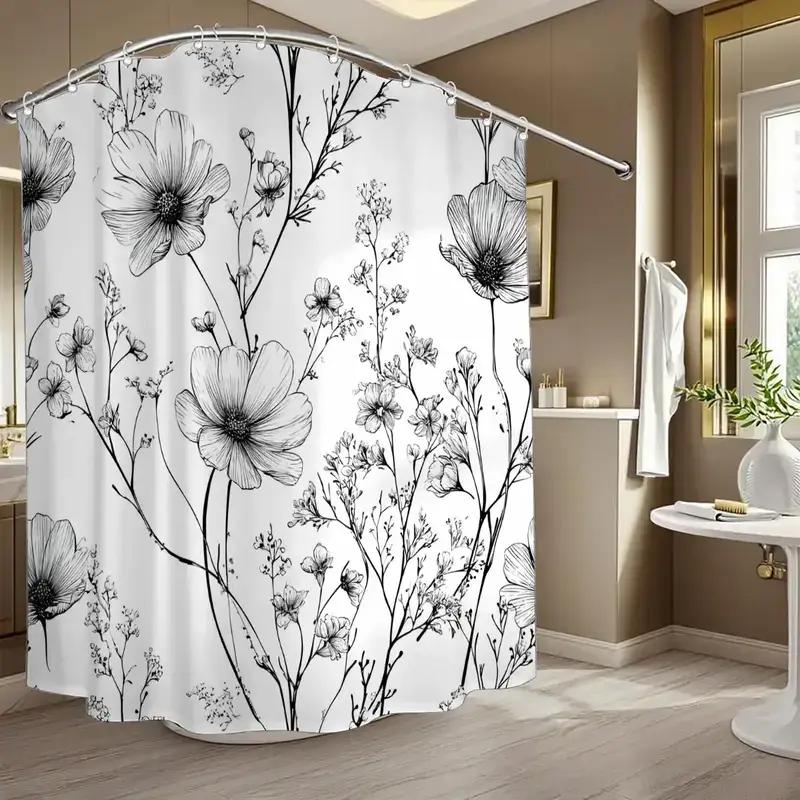 Minimalist Floral Shower Curtain Black Line Art Wildflower Pattern Modern Bathroom Decor Waterproof Printed Bath Curtain Home