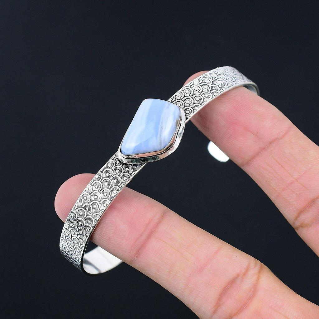 Trillion Owyhee Blue Opal Gemstone 925 Silver Wife Art Deco Boho Bangle Jewelry