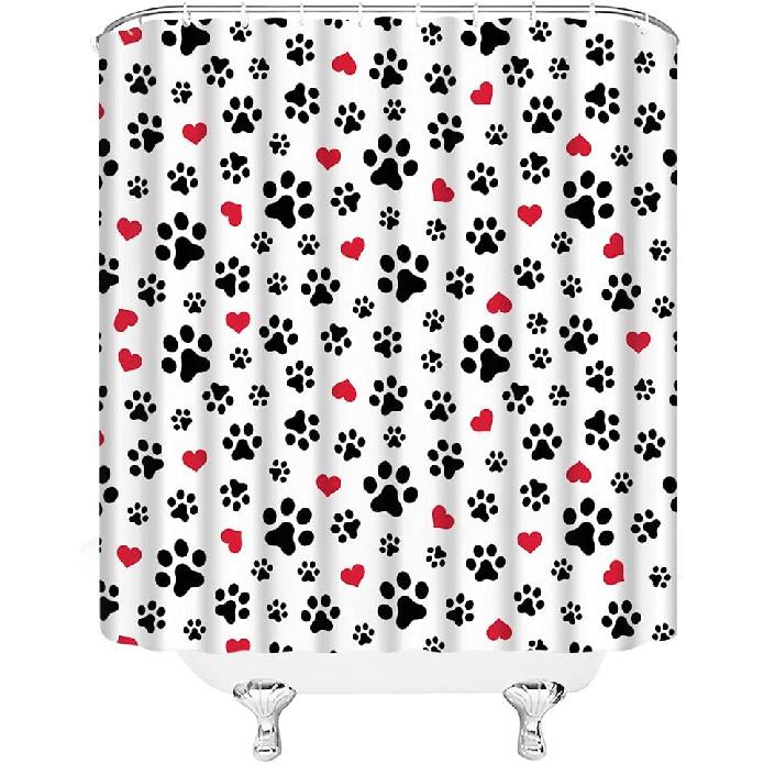 Dog Paw Print Shower Curtain Pet Lovers Cute Kitten Cat Footprint Red Love Heart Abstract Geometric Drawing Style Animal Decor Boys Girls Polyester