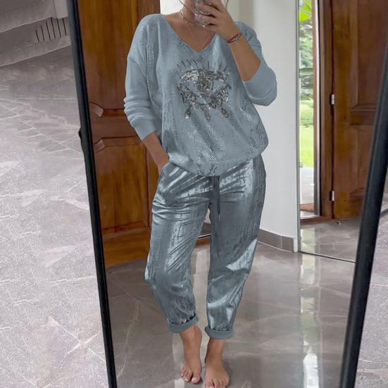 2 Pcs/Set Women Top Pants Set Eye Print Longs Sleeve V Neck
