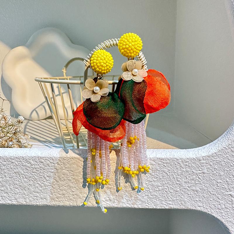 Exaggerated Big Fluffy Fabric Flower Beads Pendant Earrings for Women Trendy Wedding Drop Earring 2023 Bohemia Jewelry Accessory