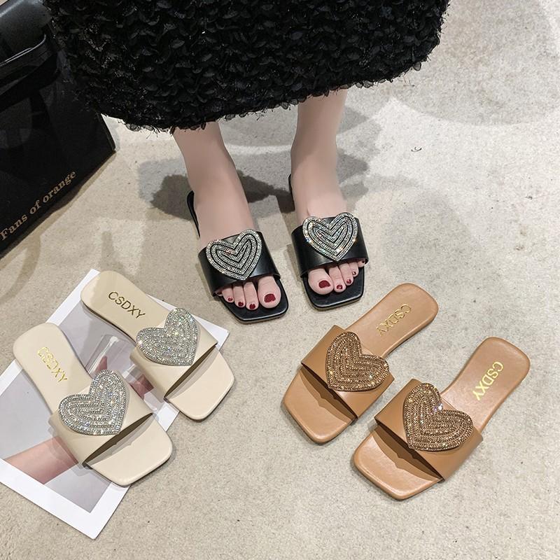 Women Slippers Summer Flat Slippers Women's Square Head Rhinestone Love African Large Size One-Size Slippers