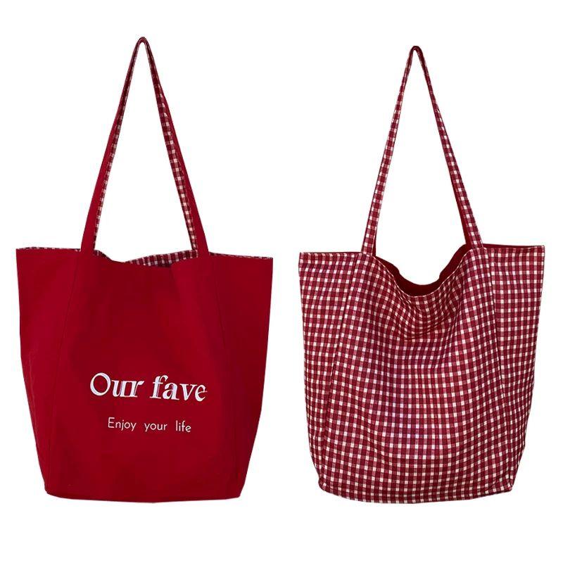 

Bai Tiya 2025 South korea Letters Big Bag Men s and Women s Double-sided Plaid Handbag Shoulder Canvas Tote Bag All-Match Red