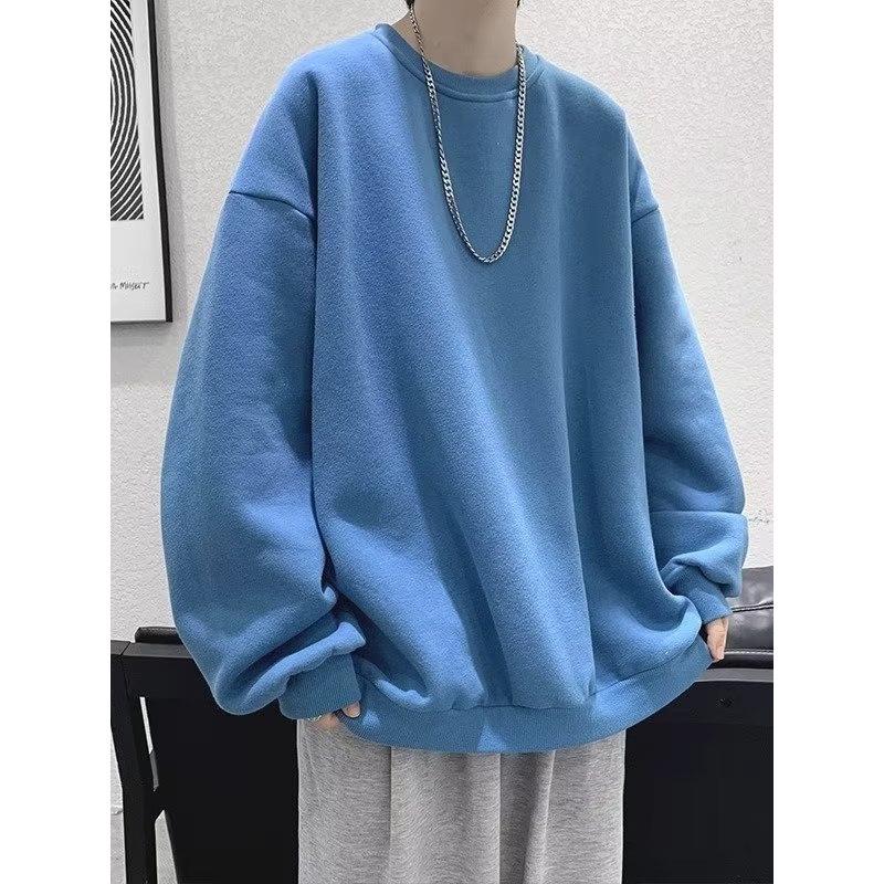 Men's 320g Heavyweight Round Neck Loose Pullover Hoodie - Autumn Long Sleeve Solid Color Outerwear.