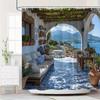 3D Villa Shower Curtain Sea View Balcony Garden Design Mediterranean Style Calm Nature Decor Waterproof Printed Bath Curtain
