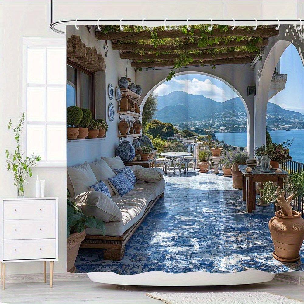 3D Villa Shower Curtain Sea View Balcony Garden Design Mediterranean Style Calm Nature Decor Waterproof Printed Bath Curtain