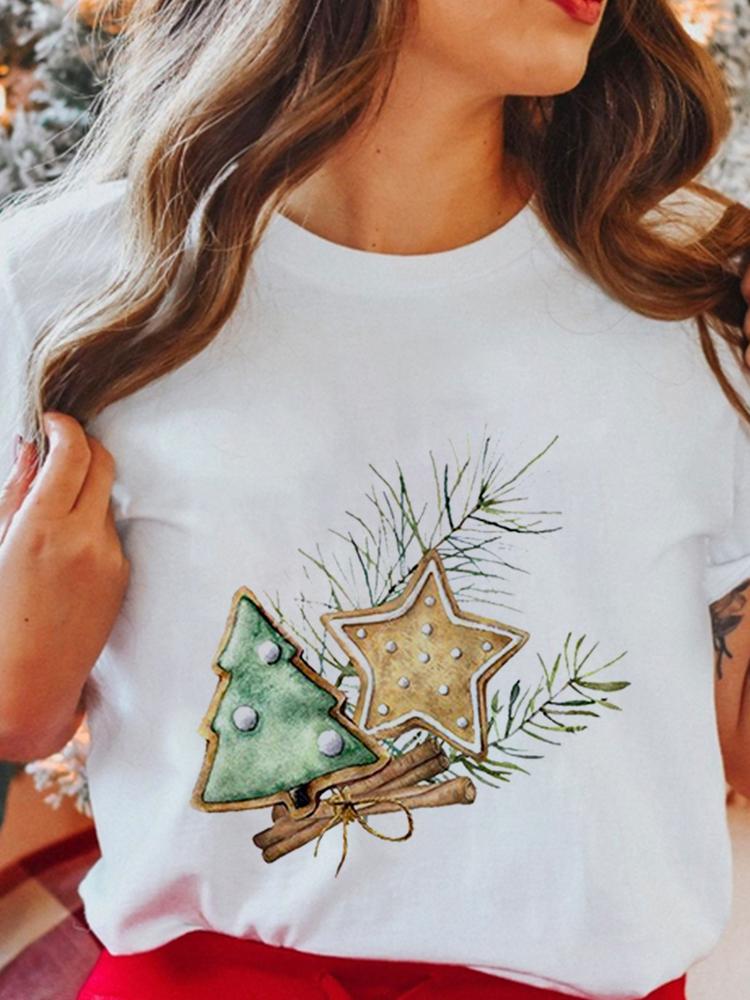 Women's Tops Christmas Short Sleeve Tees Female Summer Beach Funny Cartoon Santa Reindeer Printed T-Shirt Regular Graphic Female