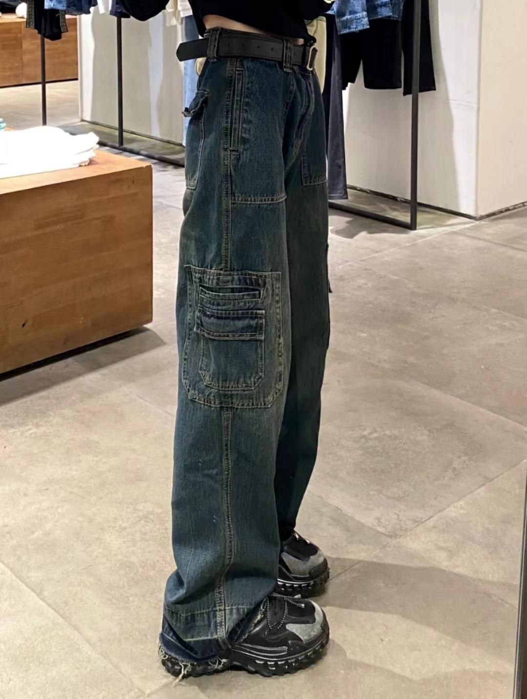 

Джинсы больших размеров с высокой талией, в стиле ретро, вываренные, с широкими штанинами для женщин - Осенние брюки карго S синий