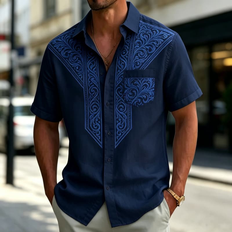 Herren Kurzarmhemd mit Blumenprint und Taschen, Frisch und elegant, Geeignet für einfachen Streetwear und tägliche Freizeit