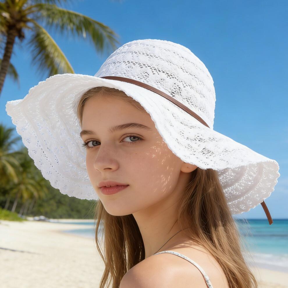 (Einheitsgröße, Weiß) Damen Sommerstrohhut Eleganter Floppy-Hut mit breiter Krempe Strandkappe Leichter Spitzen-Sonnenhut
