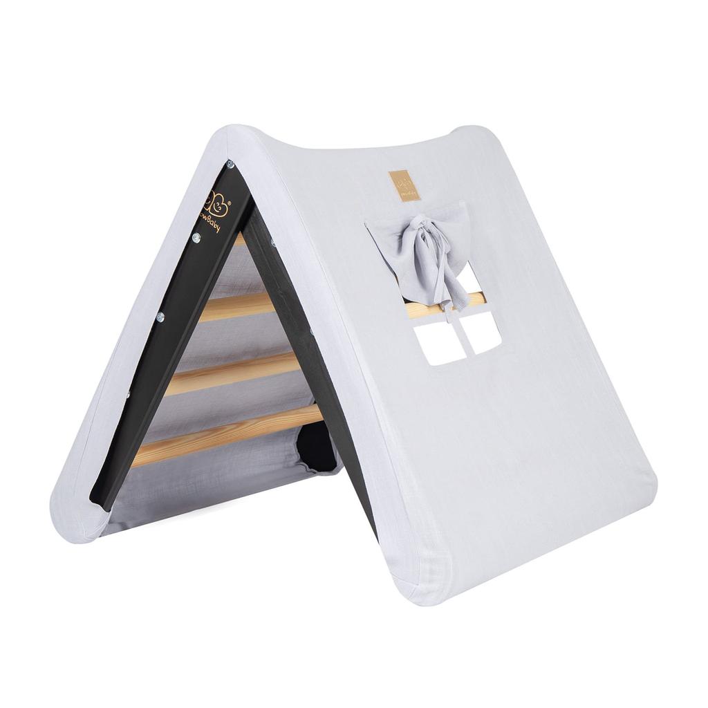 MeowBaby ® A House for Children with a Ladder 68x61x60 Cm Folding Into the Room. Wood, Linen, Viscose, Gray and Blue House