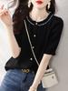 Blouse Summer Tops Short Sleeve Crew Neck Shirt Frill Collar Button Front Opening Top Stylish Feminine Clean Adult Casual OL Commuting [H. Zroy]