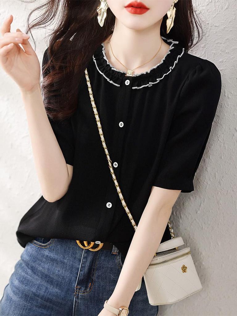 Blouse Summer Tops Short Sleeve Crew Neck Shirt Frill Collar Button Front Opening Top Stylish Feminine Clean Adult Casual OL Commuting [H. Zroy]