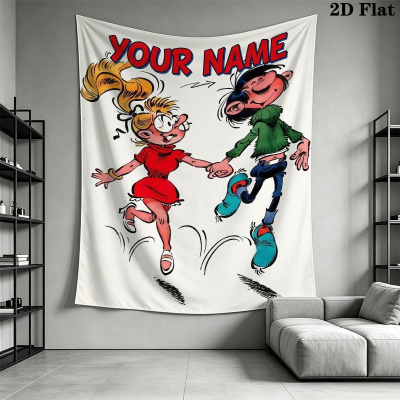 Custom Name Gaston Lagaffe Wall Tapestry Aesthetic Wall Hanging Printed Fabric Blanket Decorative Tapestries for Bedroom Living Room Home Decor