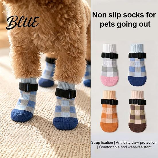 Durable Cotton Socks for Dogs 4Pcs Plaid Dog Socks Anti-Slip Pet Paw Covers with Adjustable Pattern Straps Breathable Ribbed Protectors Indoor