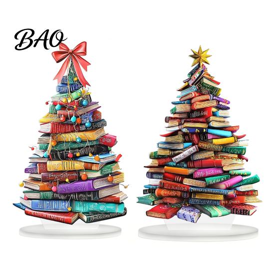 Artistic Holiday Room Accents Stacked Book Christmas Tree Ornament, 2D Flat Stacking Hanging Decoration, Acrylic Ornament Gift Reading Theme Pendant,