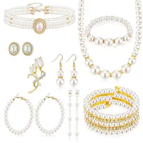European and American Fashion Jewelry Accessories, Retro High-end Diamond Necklace Earrings, French Creative Pearl Necklace Set