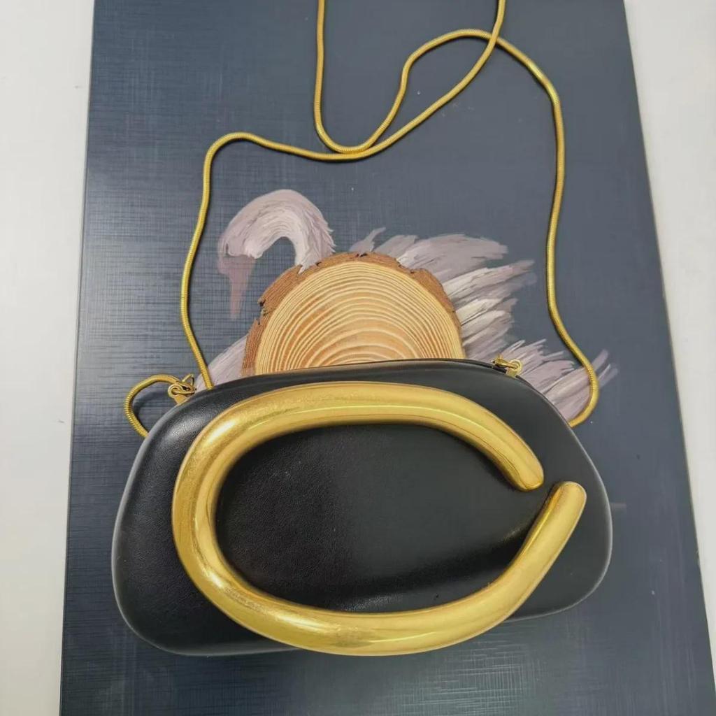 Vintage Round Evening Bag with Metal Handle & Chain Strap