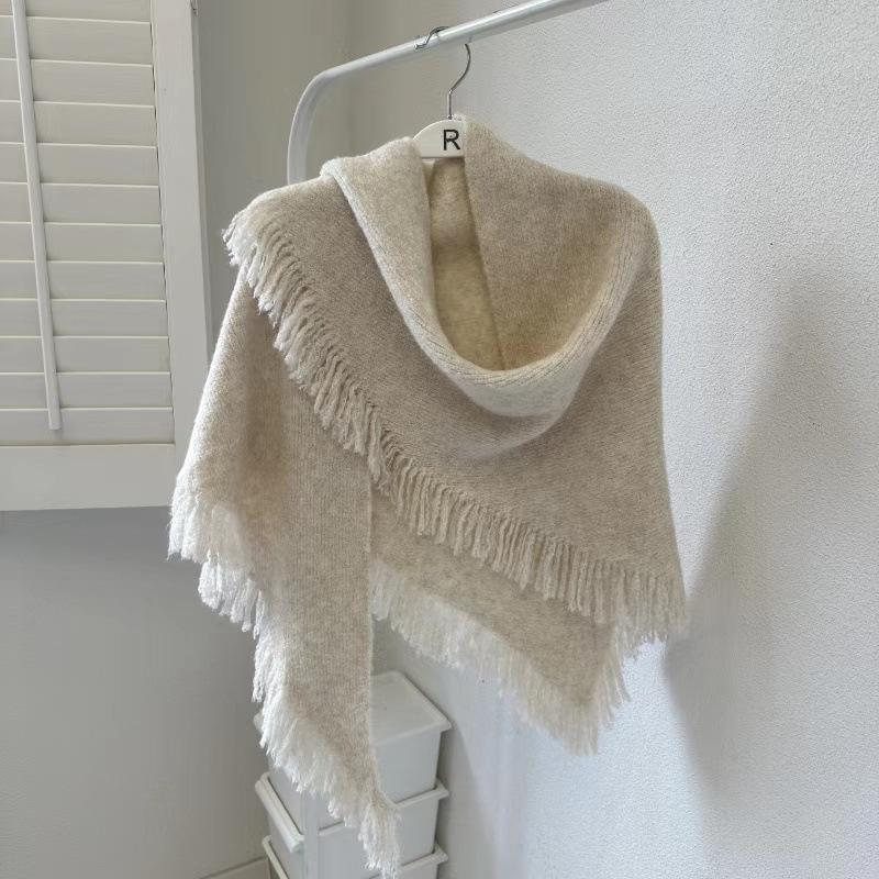 Winter Warm Wool Blended Scarves for Women Solid Color 175cm Large Triangle Shawl with Tassels