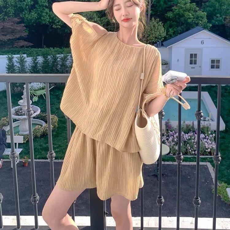Korean Off-Shoulder Chiffon Top & Shorts Set, Women's Summer Petite Collection, Fresh & Airy Style