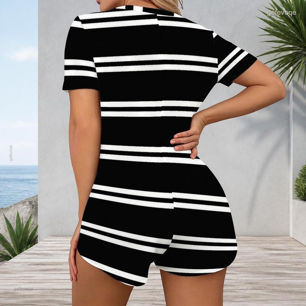 Women Plus Size Blue Beige Geometric Printed V Neck Short Sleeve Button Front Fitted Romper